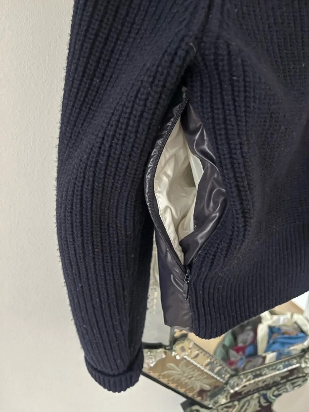 Moncler Navy Blur Puffer Jacket with Cream Rib Collar and Knit Sleeves - Picture 6 of 10